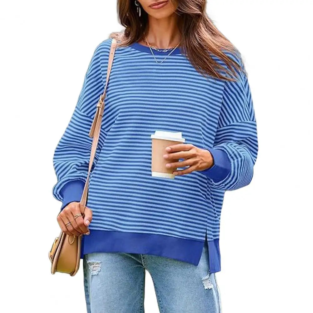 Long Sleeve Crewneck T-Shirt Split Hem Women Striped Oversized Sweatshirt Waffle Knitted Tunic Top Casual Women Sweater