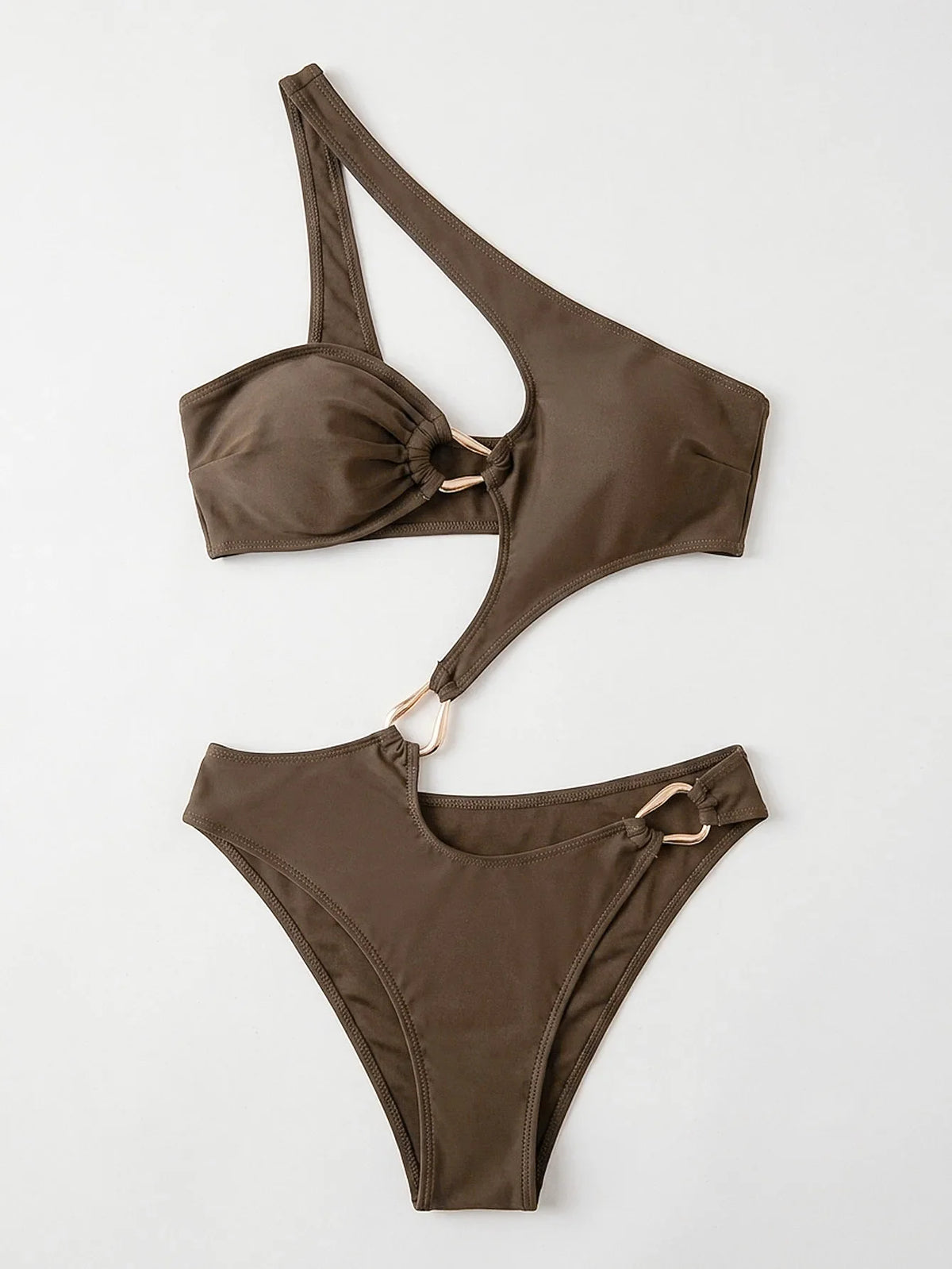 Sexy One Shoulder Swimwear Women Coffee Metal Buckle Hollow Out Backless Thong Bikini Summer Bathing Suit One Piece Swimsuit