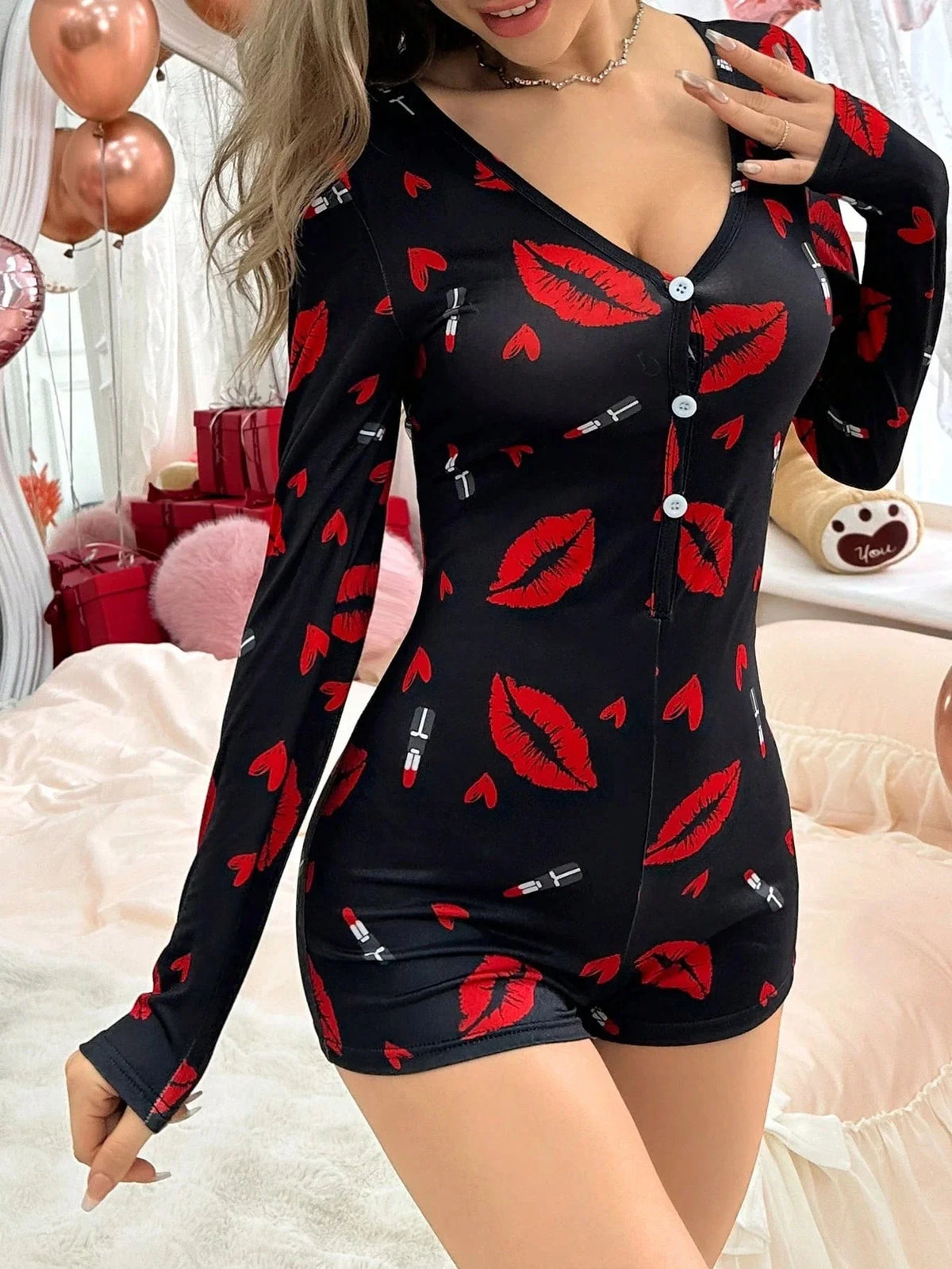 Summer Onesies Women's Sexy Pajamas Bodysuit Casual Red Lips Print V-neck Front Button Long Sleeve Jumpsuit Sleepwear