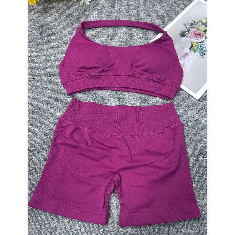 STOUREG Women's Fashion 2 Piece Sports Set Lace Up Sports Bra Seamless Shorts Leggings Yoga Gym Fitness Running Tracksuit