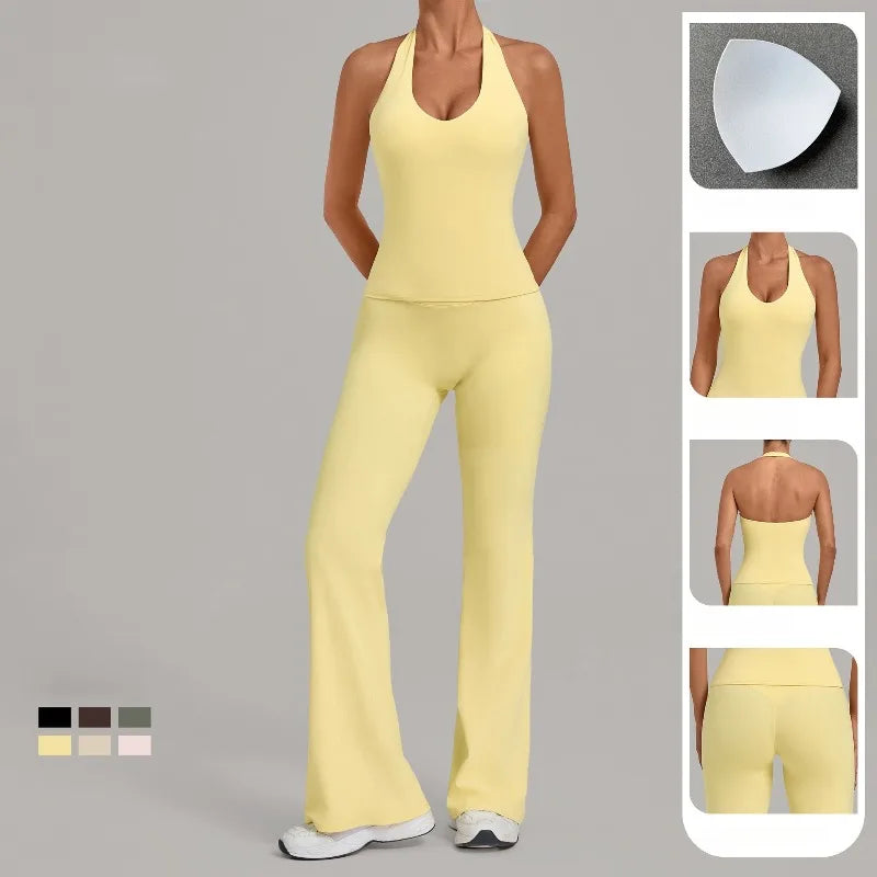 Women's Seamless Yoga Sets Sports Gym Fitness Hip-lifting Flared-pants Sleeveless Halter Tank Top Training Running Workout Suits