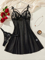 Black Floral Lace Striped Sheer Mesh Babydoll Lingerie Set Slip Nightdress With Matching Thong Women Sexy Sleepwear ZA825066