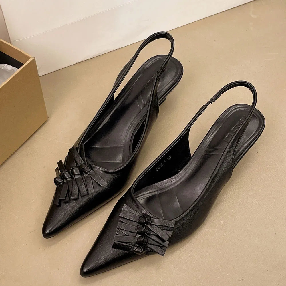 2026 Size 42 Vintage y2k Flowers Black Pointy Toe Slingback Pumps Cross-strap Summer 5cm Kitten Heels White Lady Shoes Women