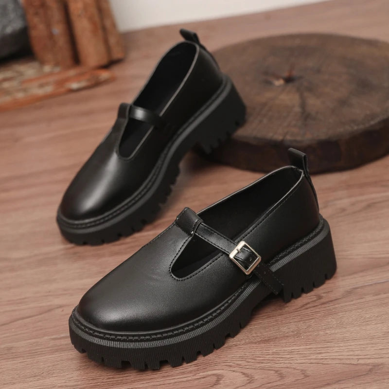 Women T‑Strap Mary Jane Shoes Faux Leather Buckle Lug‑Sole Platform Round‑Toe Vintage Preppy JK Casual Daily Dress Shoes