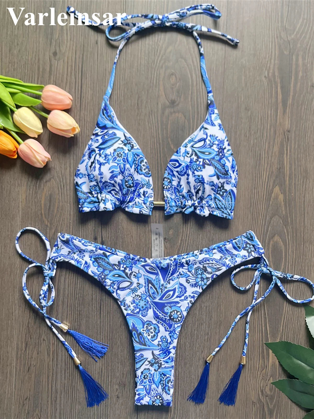 Sexy Flowers Printed Halter Brazilian Bikini Female Swimsuit Women Swimwear Two-Pieces Bikini Set Bather Bathing Suit Swim V6070