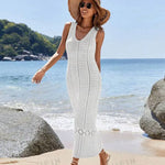 S - XL 2025 V Neck Hollow Out Crochet Knitted Tunic Beach Cover Up Long Cover-ups Beach Dress Beach Wear Beachwear Female Women