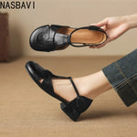 French Slip-on Single Shoes Retro British Shoes for Women Brown T-Strap Shallow Flat Sandals Soft Leather RomeSummer New 32-43
