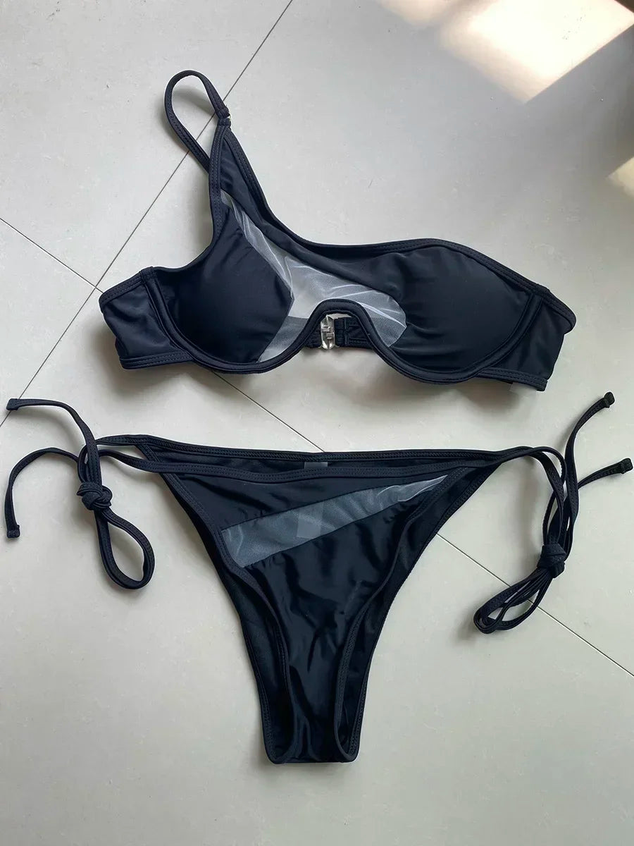 Splicing Mesh Underwire V-bar One Shoulder Bikini Women Swimsuit Female Swimwear Two Pieces Bikini Set Push Up Bathing Suit Swim