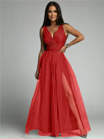 Elegant Solid Color Fine Sparkle Party Dresses Women Temperament V-neck Leace-up Mesh Slit Long Dress Evening Vestidos Female