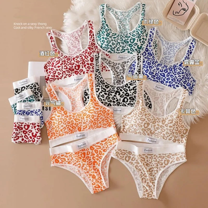 Seamless Bra Set Women Leopard Y-Shape Wireless Bra Low Waist Panties Sexy Lingerie Sport Brassiere Female Underwear Set