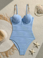 Vintage Blue Wave One Piece Swimwear Women 2026 Beading Strap Push Up Underwire Tummy Control Bathing Suit One Piece Swimsuit