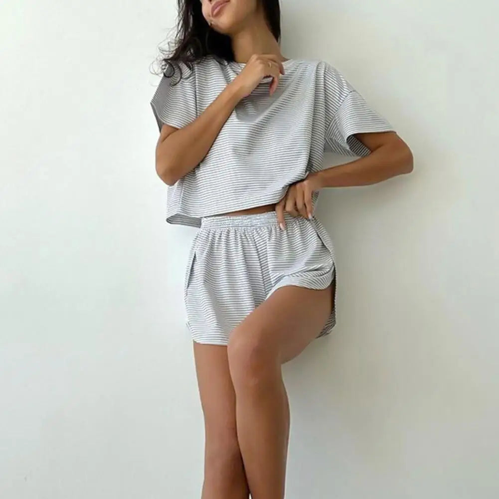 2 Pcs/Set Summer Sleepwear For Women Striped Printed Homewear Top Pants Suit Loose Short Sleeve T-shirt Elastic Waist Shorts
