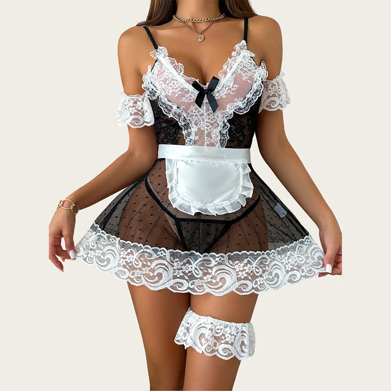 Sexy Lace Maid Costume Daring Lingerie Women Polka Dot Mesh Maid Dress Role Play Costume Babydoll See Through Erotic Lingerie