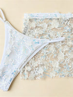 Sexy Shiny Sequin Blue White Bikini Set Women 3D Mesh Flower Cover Up 3 Piece Thong Swimsuit Beach Holiday Bathing Suit Swimwear