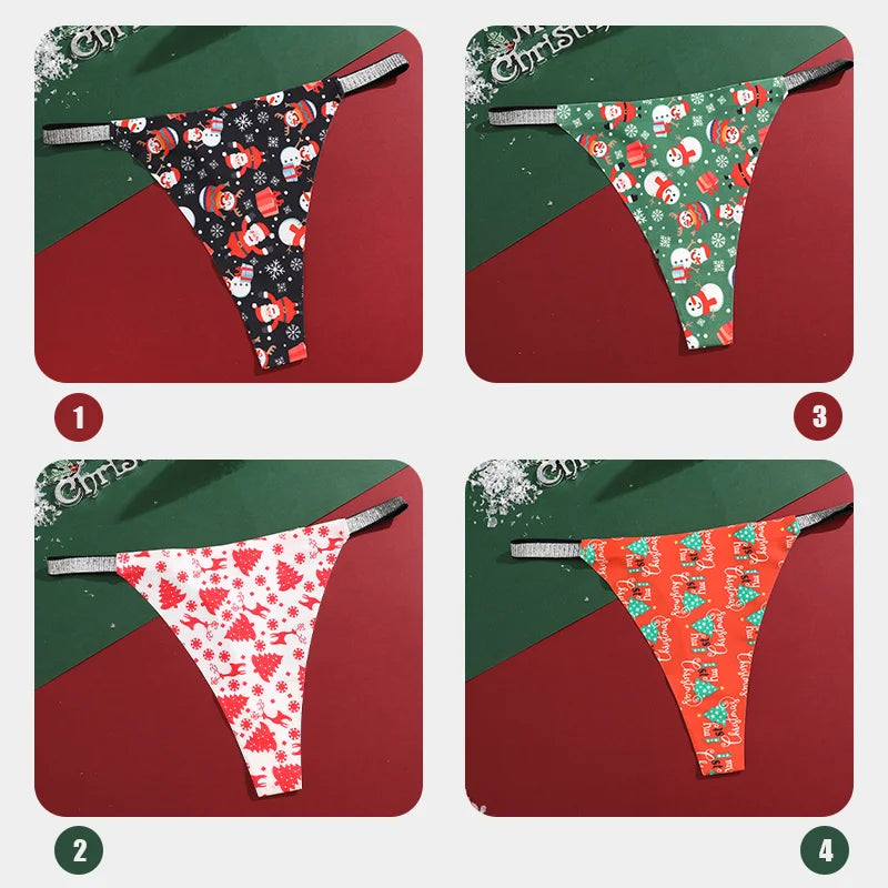 4Pcs Christmas Print Underwear Breathable Shiny Belt Thong Women Skin-friendly Fashionable Casual Christmas Gifts