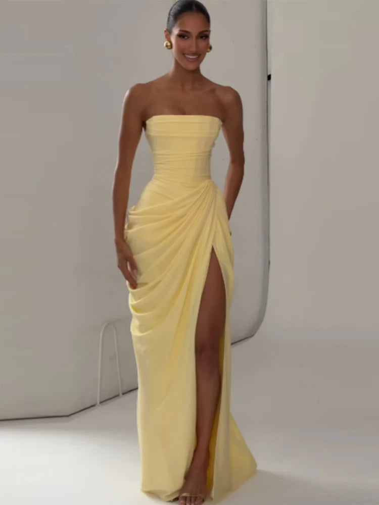 Elegant High Waist Bodycon Maxi Dress Strapless Pleated Hem Corset Party Robes Luxury Vestidos 2026 New Lady Evening Gowns