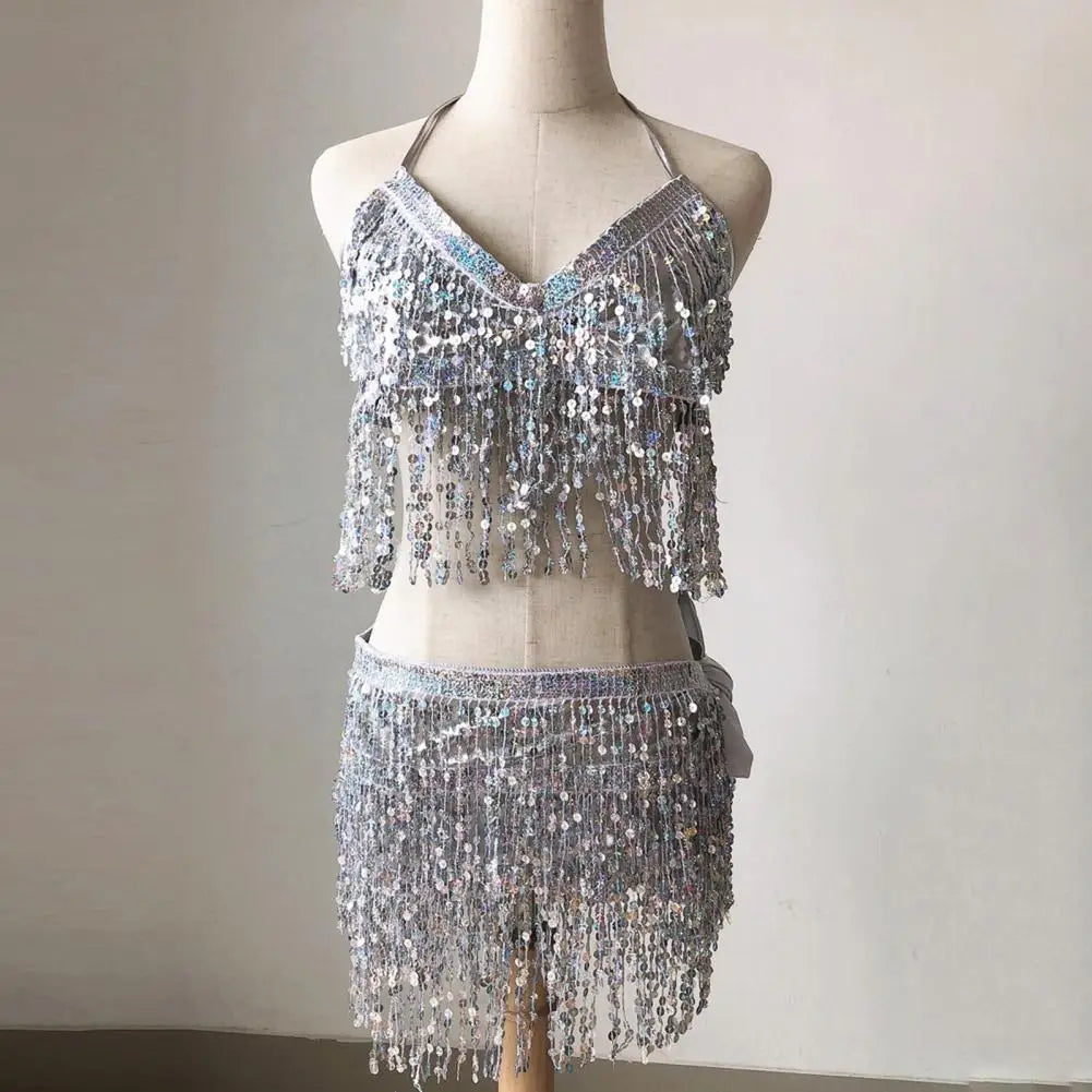 Belly Dancer Outfit Sequin Tassel Bra Top with Fringe Hip Scarf Set Sparkling Rave Party Costume for Women Girls