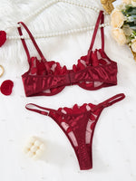 wine-red floral embroidery lingerie. French-style luxury sheer net satin bra for dates, newlyweds, and sexy duvet set. ZA824031