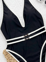 DEAK Sexy Deep V Pearl Neck One Piece Swimsuit Women Black Contrast Push Up Backless Slim Tummy Control Swimwear Beach Pool Bath