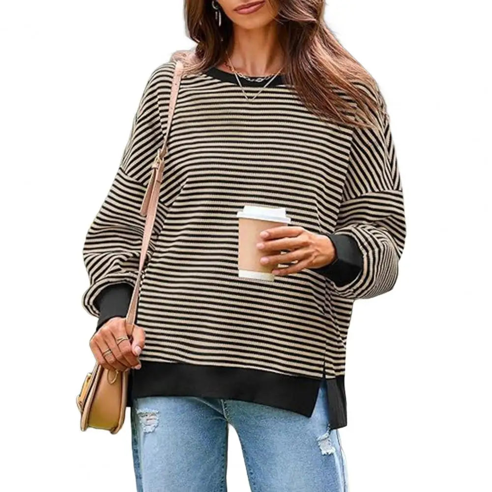 Long Sleeve Crewneck T-Shirt Split Hem Women Striped Oversized Sweatshirt Waffle Knitted Tunic Top Casual Women Sweater