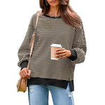 Long Sleeve Crewneck T-Shirt Split Hem Women Striped Oversized Sweatshirt Waffle Knitted Tunic Top Casual Women Sweater