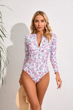 2024 Sexy Zipper Long Sleeve Women One Piece Swimsuit Floral Monokini Swim Wear Surfing Bathing Suit Swimwear Female Clothes
