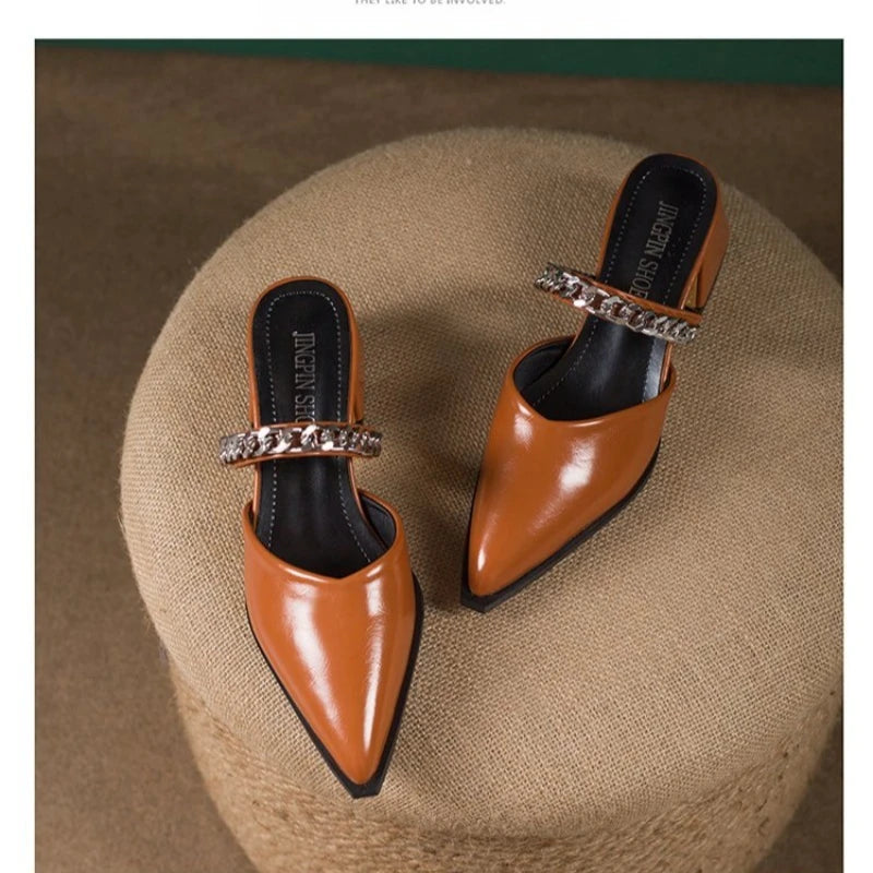 Summer New Baotou Sandals Pointed Toe Shallow Mouth Metal Chain One Slip Strap Anti-slip Outer Wear Square Heel High Heels