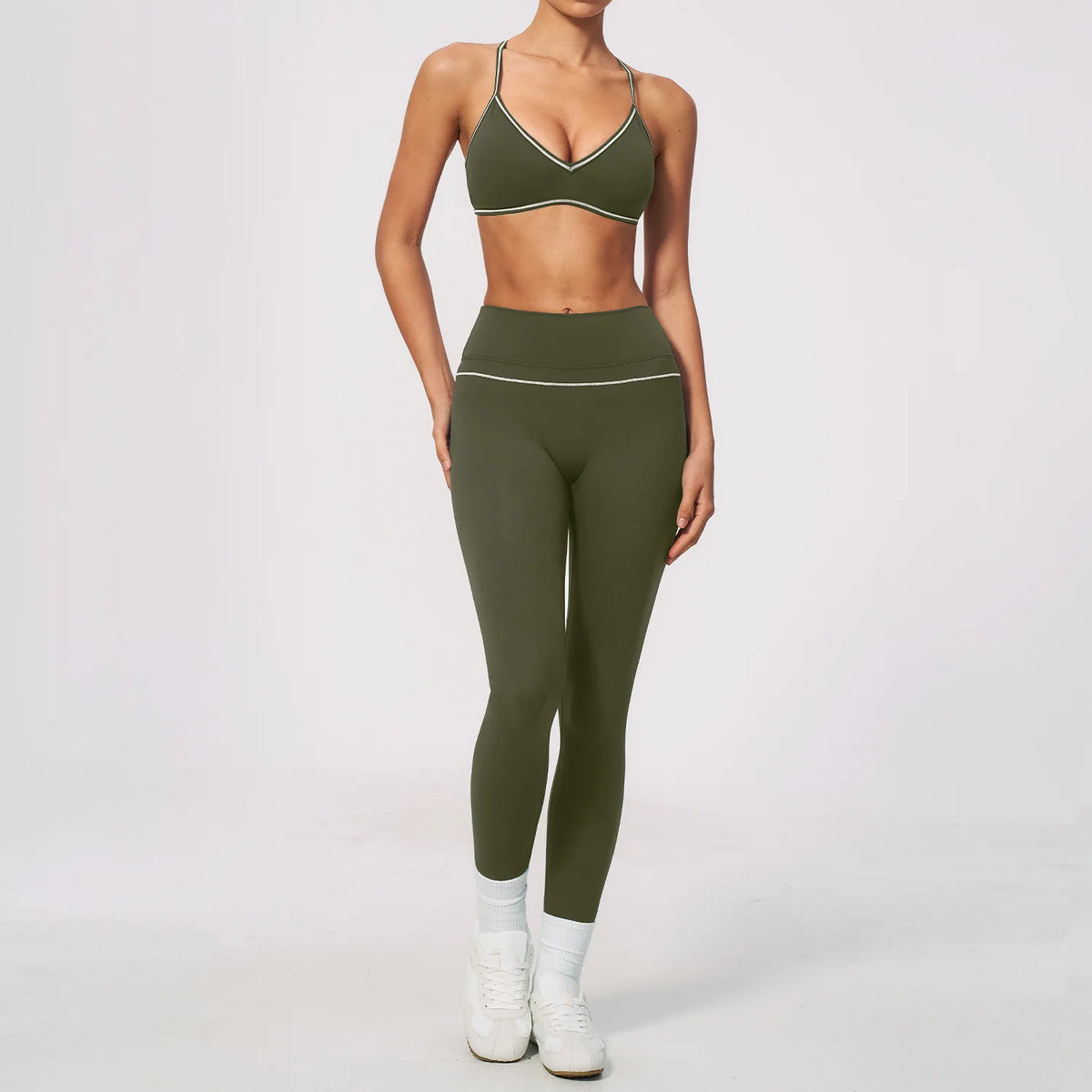 New Yoga Suit Women Color Blocked V-neck I Shape Sports Bra Fitness Clothes Summer Tight Running High Waist Leggings Tracksuit
