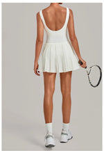 Naked Fake Two Piece Tennis Dresses with Pocket Bottom Women Back Hollow Out Pleate Skirts Outwear Square Collar Golf Yoga Dress