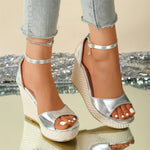 EUR Size 43 Leisure Espadrille Wedge Sandals Women Summer Chunky High Heels Shoes Silver White Platform Ankle Strap Sandals