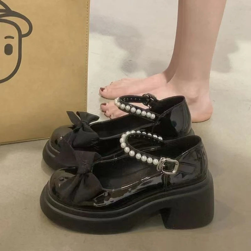 Women's Pearl Bow Platform Mary Jane Shoes Chunky Block Heel Sweet Lolita Japanese Style Casual Dress Shoes