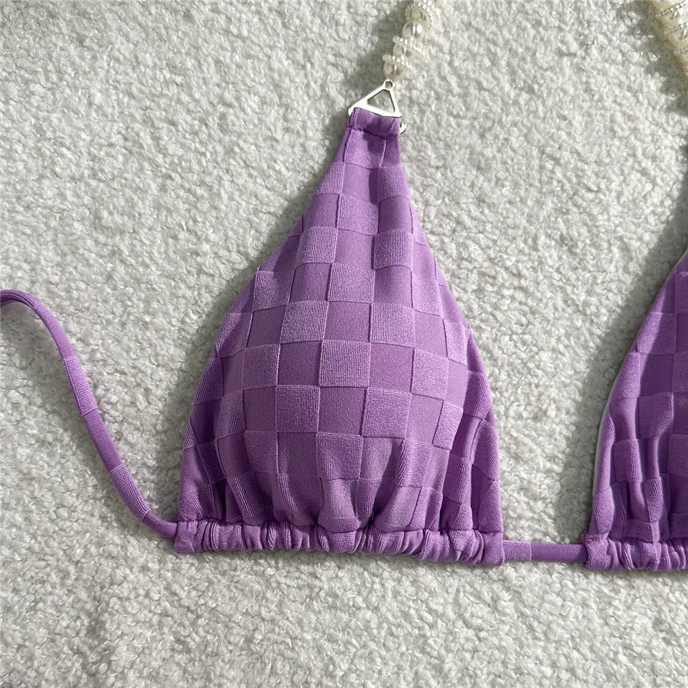 Light Purple Swimwear Pearl String Halter Micro Bikini Thong 2026 Sexy Swimsuit Women Bathing Suit Triangle Bikinis Sets Mujer