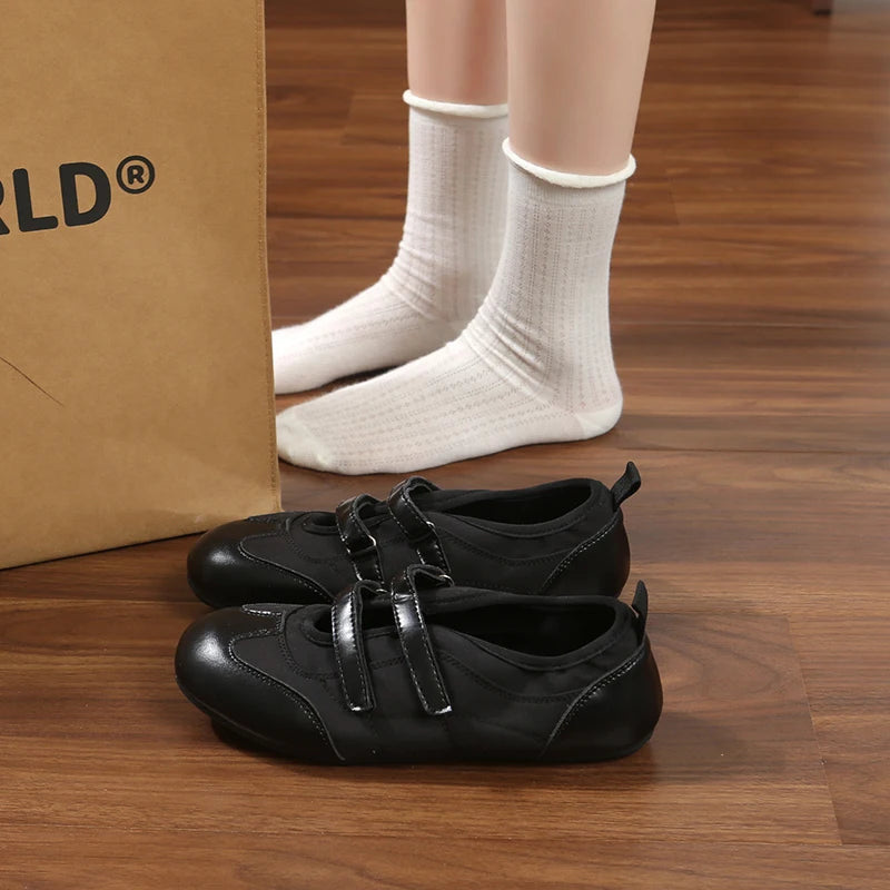 Women Double Hook‑Loop Strap Mary Jane Flats Round Toe Patchwork Soft Sole Retro Ballet Casual Daily Walking Shoes