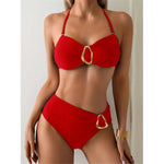 S - XL Metal Ring Halter Female Swimsuit High Waist Bikini Women Swimwear Two-Pieces Bikini Set Bather Bathing Suit Swim V6933
