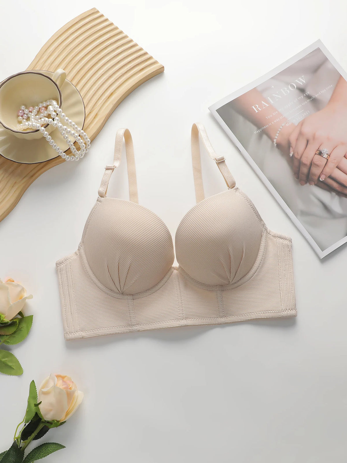 Women Ribbed Longline Push Up Bra Adjustable Thin Strap Side Support Anti Sag Brassiere Breathable Solid Daily Lingerie B6075