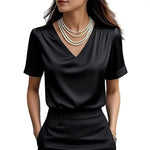 Women T-shirt Solid Color Loose Fit Smooth Satin V-Neck Short Sleeve Tops Ladies Summer Casual Tee Shirt Daily Wear