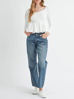 Women Long Sleeve Fall Peplum Tops Casual Solid Color Ruffled Hem Basic T-shirts Streetwear