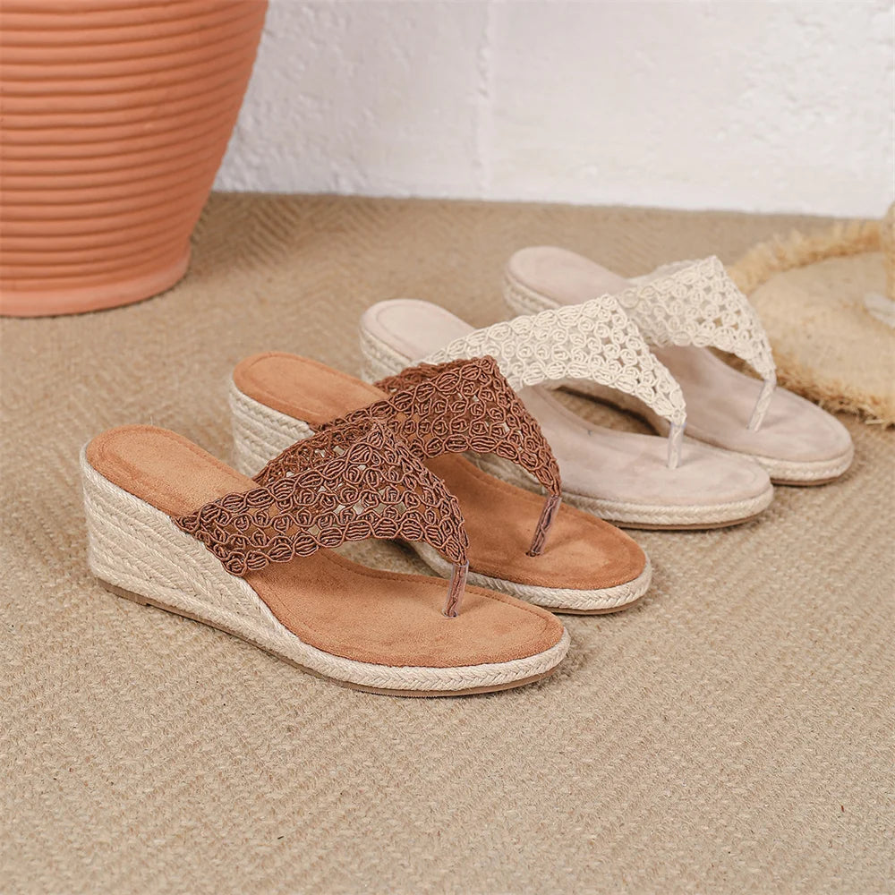 Hollow Crochet Thong Espadrille Wedge Slide Sandals Women Breathable Slip On Flip Flops Platform High Heel Summer Beach Mules