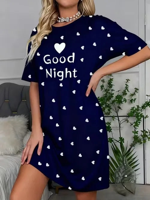 Women's Nightgown Casual Print Nightshirt Polka Dot Short Round-Neck Sleeve Loose Sleepwear Nightdress Summer Pajama