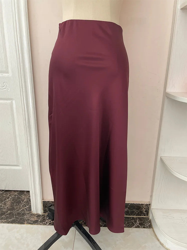 Foridol Autumn Winter Burgundy Satin Skirt Women Party Silk Skirt High Waist Straight Long Faldas Mujer Christmas Skirt