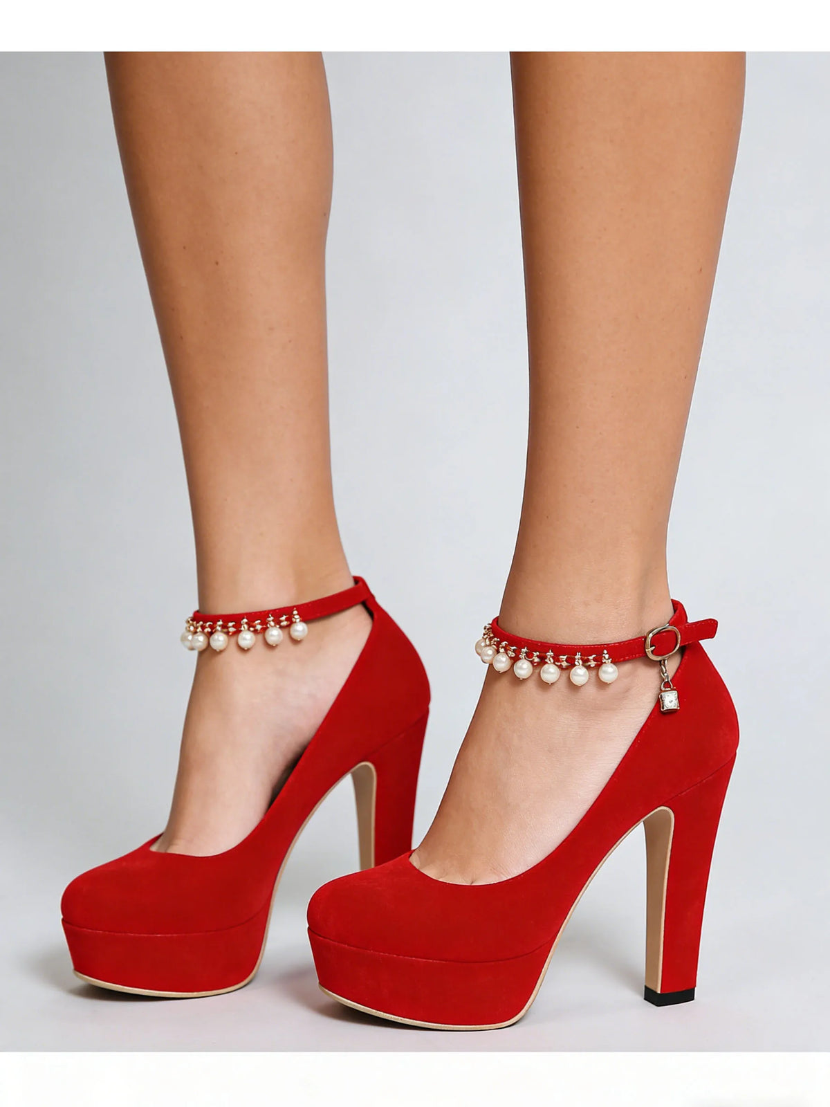 2026 Big Size 33-43 Classic Black Office Lady Beading Ankle Strap Platform Pumps Elegant Red 12cm Party High Heels Shoes Women