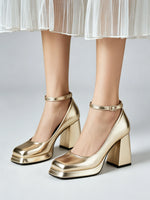 Big Size 32-46 Elegant Gold Metallic Platform High Heels Women Shoes Square Toe Ankle Strap Chunky Heel Party Wedding Pumps
