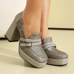 Square Toe Platform Double-Layer Buckle Shallow Sleeve Office Pumps Ultra-High Thick Heel Breathable High Heels