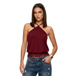 2026 Summer Women's Backless Lace Hem Tank Tops Slim Fit Halter Vest Daily Fashion Going Out Sleeveless Shirts