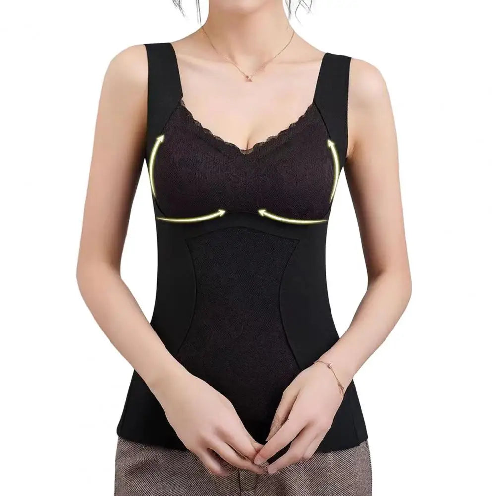 Warm Camisole Undershirts Sleeveless Thermal Tank Top for Women Fleece Lined Lace V Neck Base Layer with Built in Bra