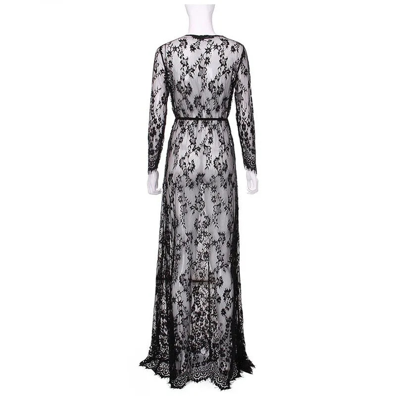 Sexy See Through Lace Long Dresses For Women Deep V-neck Solid Color Maxi Dress Fashion Streetwear Party Night Club Vestidos New