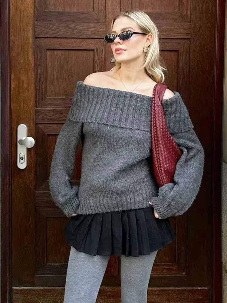 Foridol Slash Neck Dark Grey Mohair Women Sweater Pullover Femme Casual Loose Trendy Style Autumn Winter Knitted Pullover