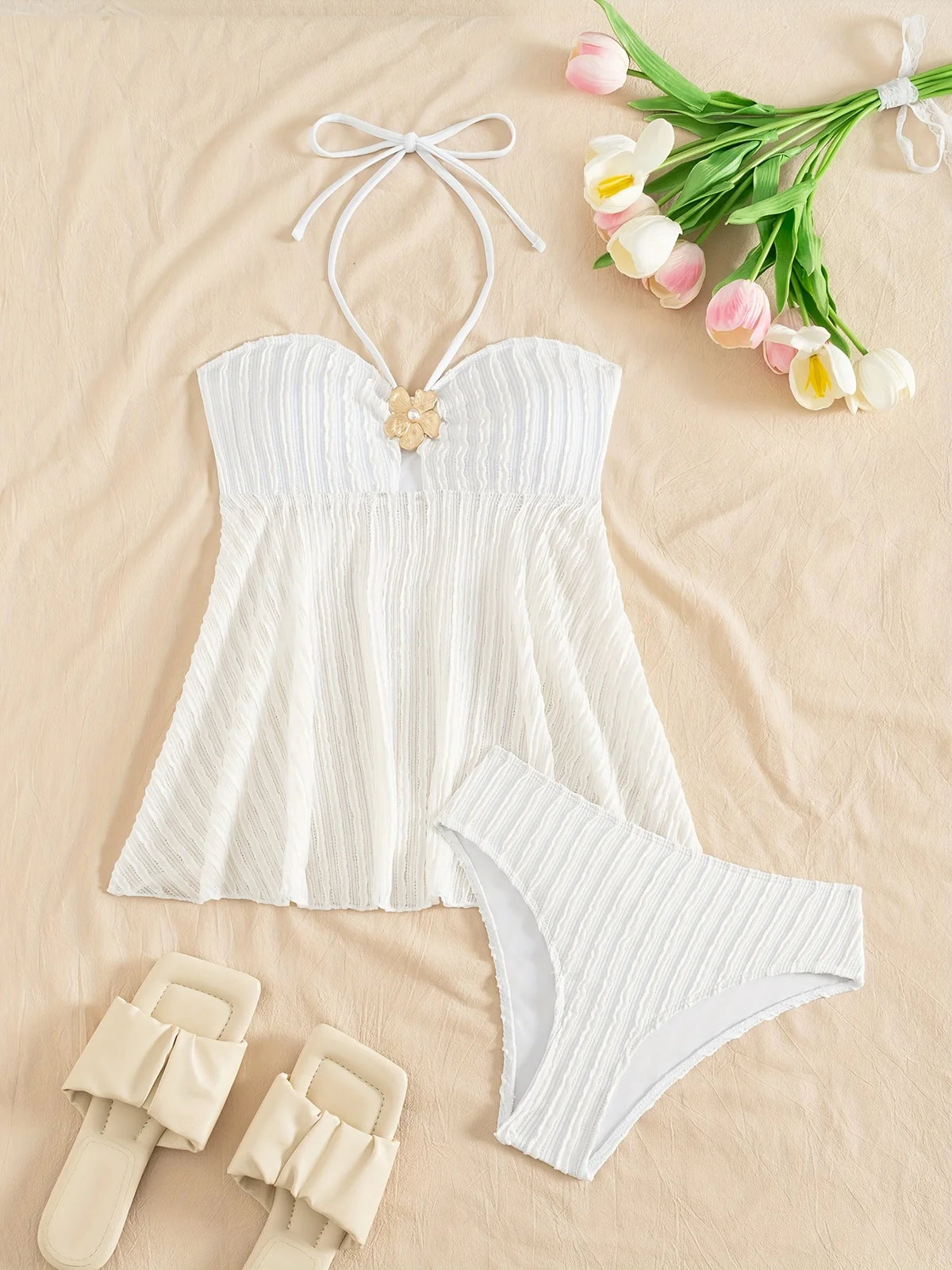 Summer Two Pieces Swimsuits Woman White Swimwear Female Tankini Sets Beach Wear Bandeau Bathing Suit Sports Women Swimming Suit
