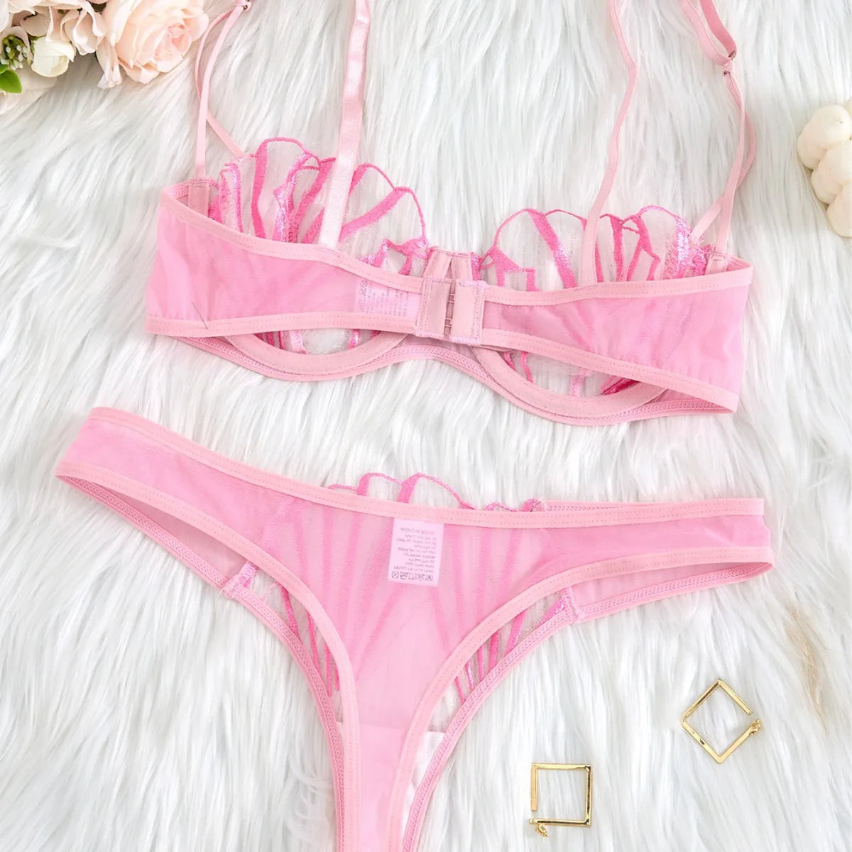 2pcs Women's Bra Set Sexy Lace Mesh Lingerie Set Ultra Thin Breathable Comfortable Lightweight Scallop Transparent Lingerie Set