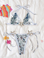 2026 New Summer Women's Crochet Swimsuit Sequins Sexy Backless Lace-up Swimwear Low Waist Micro Bikini Set Beach Bathing Suits
